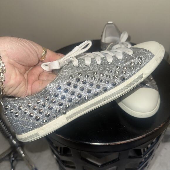 Prada Silver Glitter Studded Low Top Sneakers EU 40 - Picture 11 of 16